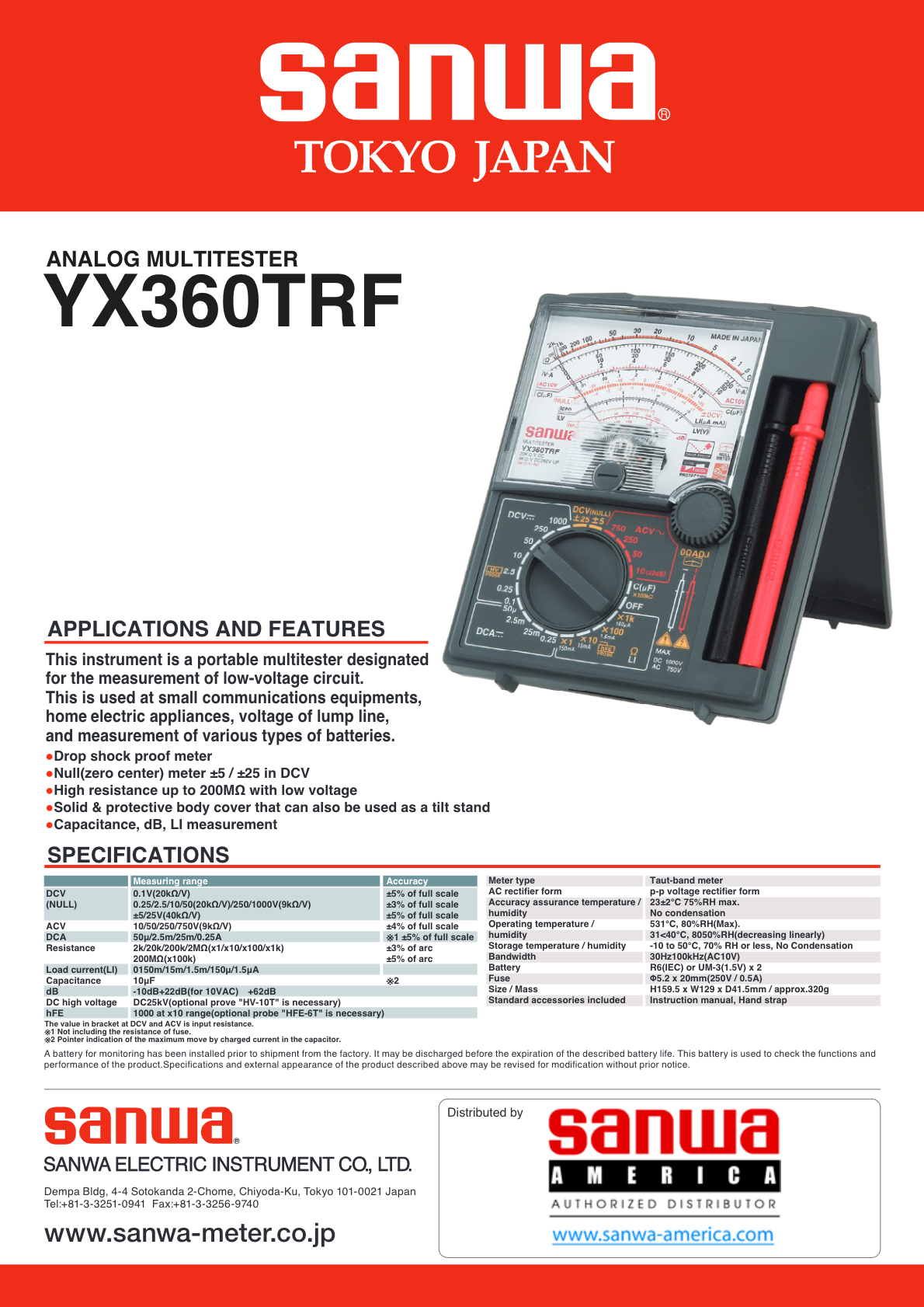 Sanwa YX360TRF | Analog Multimeter with Built-In Case | Sanwa